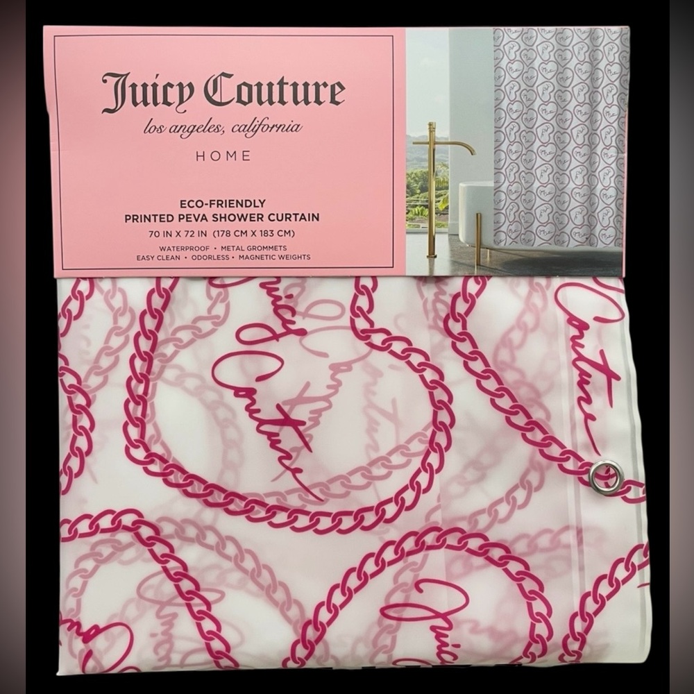 Juicy Couture Semi-Clear Shower Curtain Liner Pink Chain Hearts PEVA 70x72 NWT